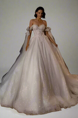 Wedding Dress with Off-Shoulder Sleeves and Tulle Pleated Skirt