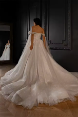 Wedding Dress with Off-Shoulder Sleeves and Tulle Pleated Skirt
