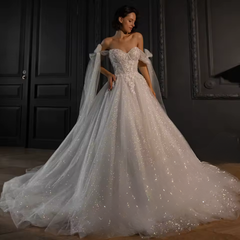 Wedding Dress with Off-Shoulder Sleeves and Tulle Pleated Skirt