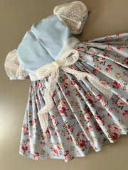 Vintage Floral Ball Gown with Embroidered Blue Bodice