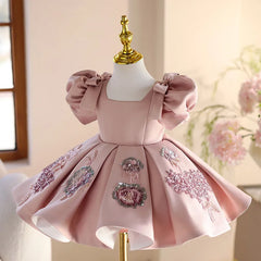Couture Princess Dress with Sculpted Sleeves & Embroidered