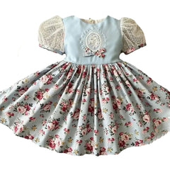 Vintage Floral Ball Gown with Embroidered Blue Bodice