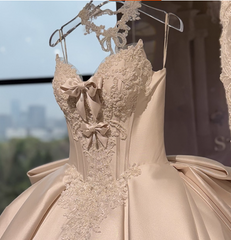 Regal Lace & Satin Ball Gown Wedding Dress | High-Neck Bridal Gown with Corset Detail