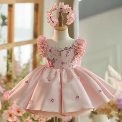 Couture Baby Princess Dress with Floral Embroidery & Matching Headband