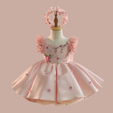 Couture Baby Princess Dress with Floral Embroidery & Matching Headband