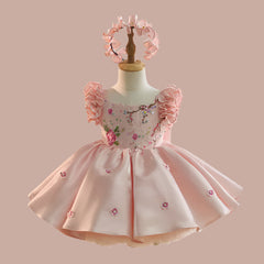 Couture Baby Princess Dress with Floral Embroidery & Matching Headband