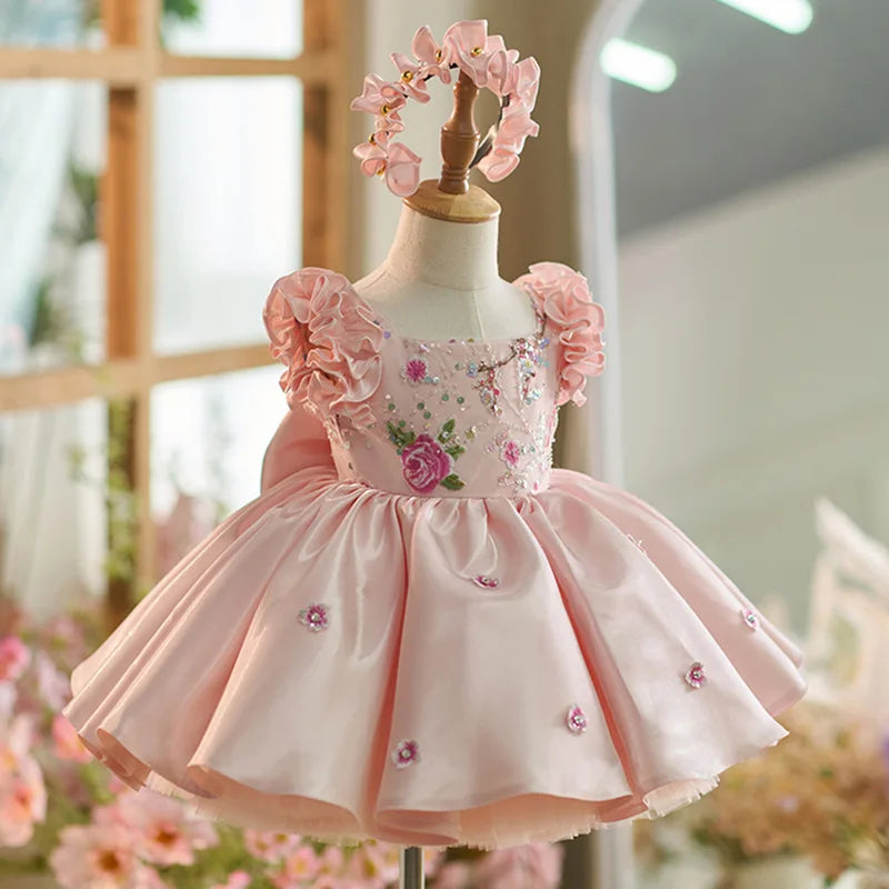 Couture Baby Princess Dress with Floral Embroidery & Matching Headband