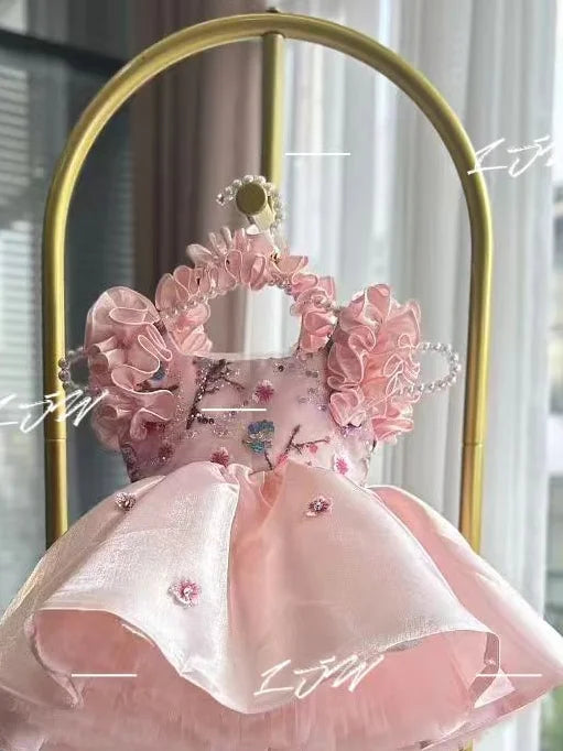 Couture Baby Princess Dress with Floral Embroidery & Matching Headband