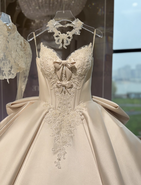 Regal Lace & Satin Ball Gown Wedding Dress | High-Neck Bridal Gown with Corset Detail