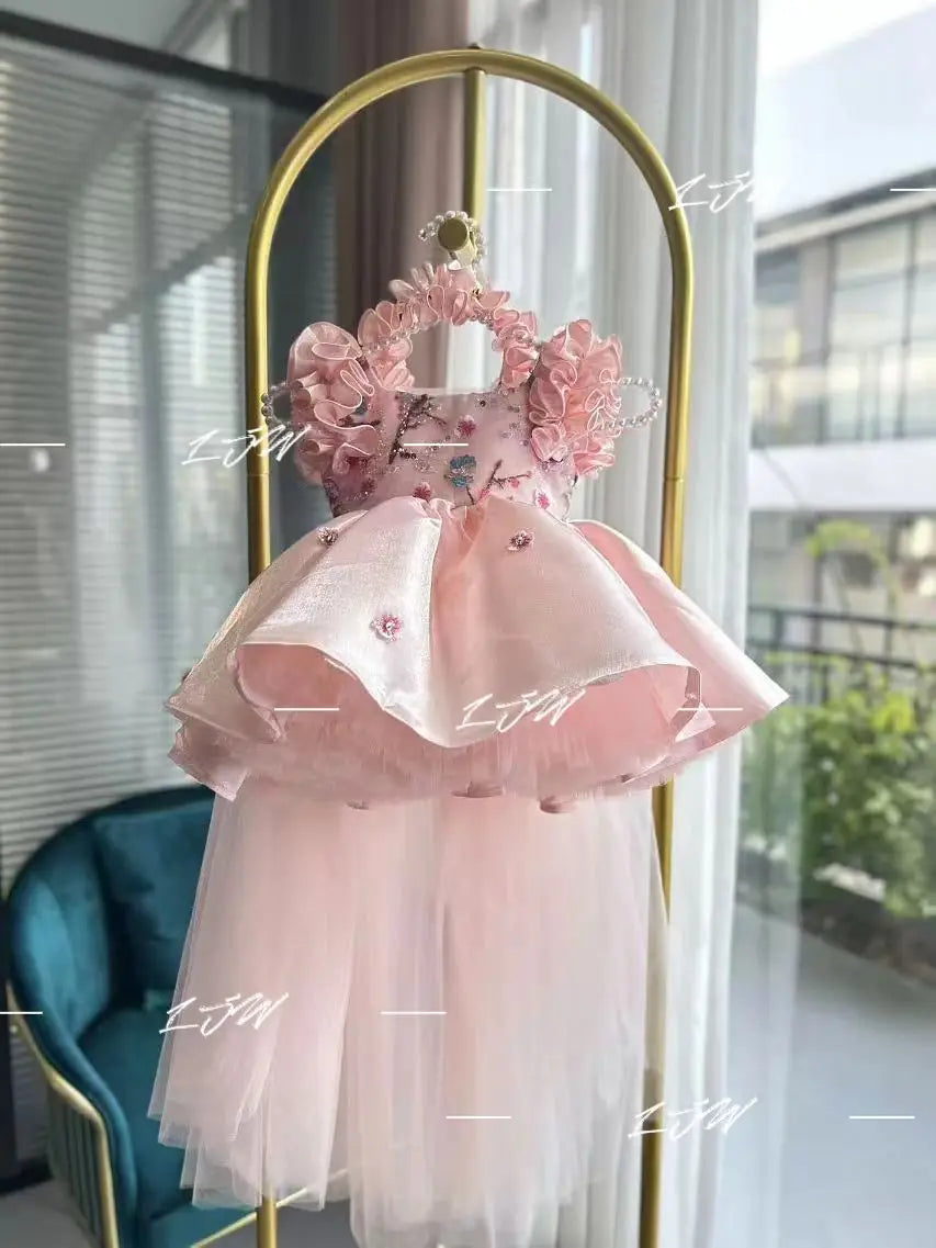 Couture Baby Princess Dress with Floral Embroidery & Matching Headband