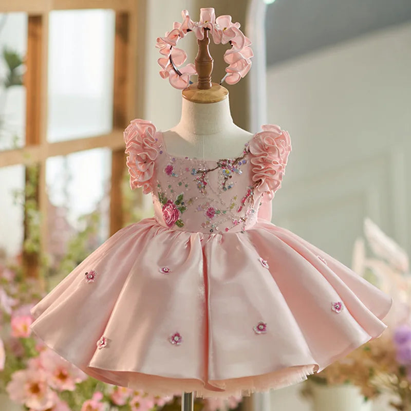 Couture Baby Princess Dress with Floral Embroidery & Matching Headband